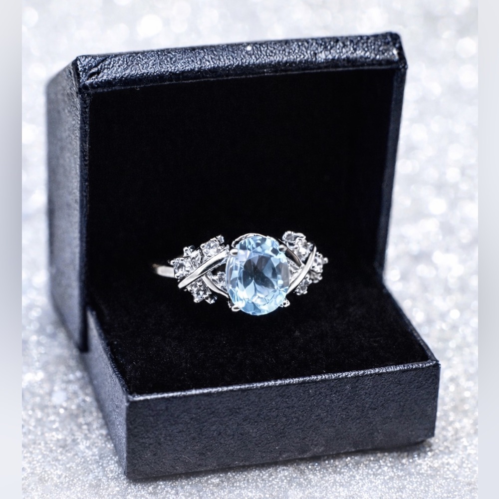 New Platinum-Plated silver Blue Aquamarine Ring gift ready sz 10